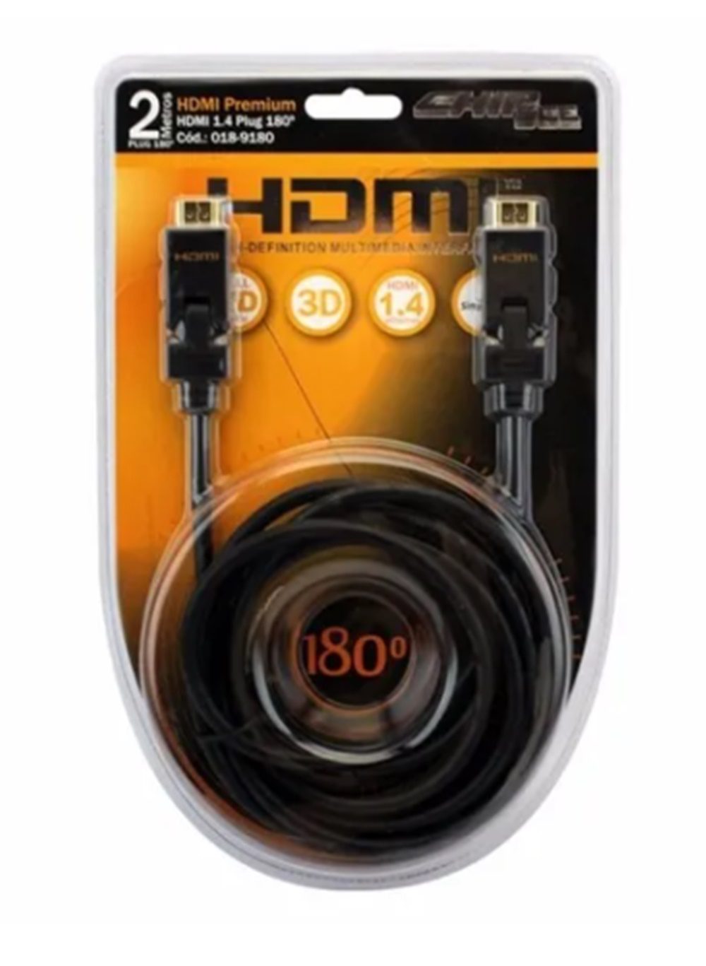 Cabo HDMI Premium 1.4 3D Full HD 1080p 2 metros Plug 180º